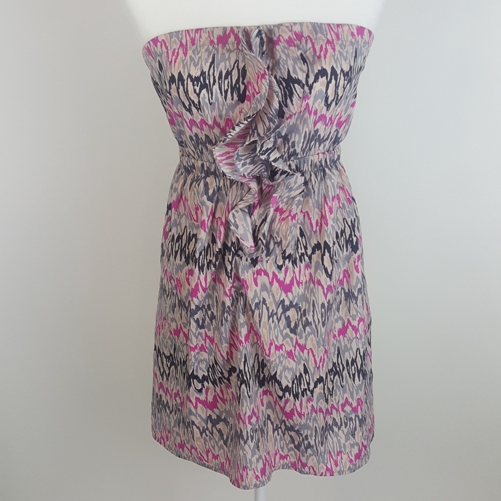 LUSH Ruffle Front Strapless Dress Pink Gray Ikat S